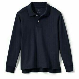 NWT LANDS' END KIDS LONG SLEEVE INTERLOCK POLO SHIRT CLASSIC NAVY LARGE